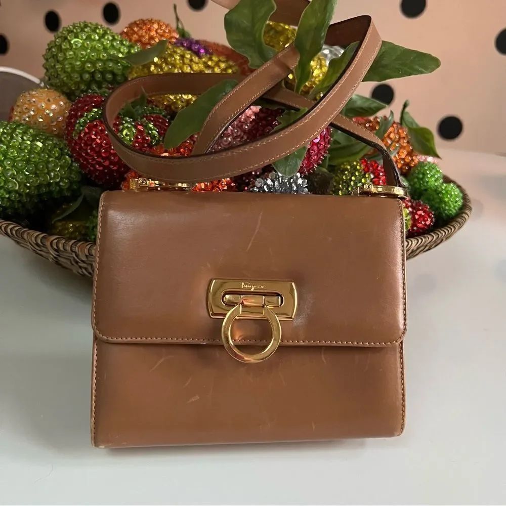 Authentic Vintage 90s Salvatore Ferragamo Gancini Flap Leather Crossbody Bag